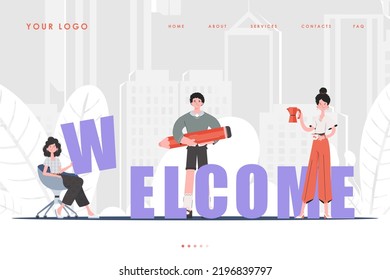 Welcome Landing Page Diverse Team of People Home page for your website. Trendy cartoon character. Previous illustration.