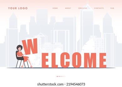Welcome landing page. The girl sits and holds the letter W in her hands. The initial page for the site. Trend style character. Vector illustration.