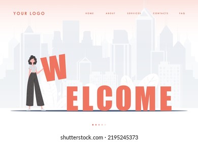 Welcome landing page. The girl stands and holds the letter W in her hands. The start page of the site. Cartoon style character. Vector illustration.