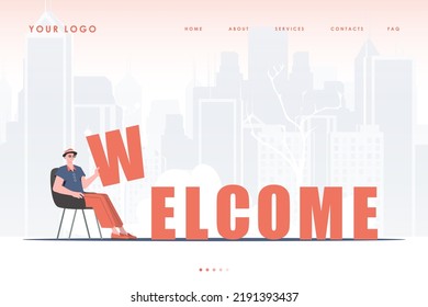 Welcome landing page. A man sits and holds the letter W in his hands. The start page of the site. Trend style character. Vector illustration.
