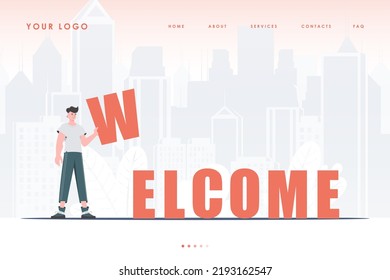 Welcome landing page. A man stands and holds the letter W in his hands. The initial page for the site. Cartoon style character. Vector illustration.