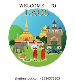 Bem-vindo ao Laos. Conjunto de ilustrações do Laos, roupas nacionais e arquitetura do Laos.