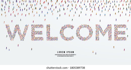 Welcome. Large Group Of People Form To Create Welcome. Vector Illustration.