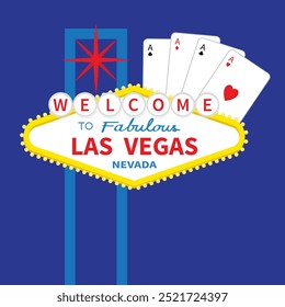 Willkommen bei Las Vegas Nevada Symbol Symbol. Spielkartenset. Vier Asse. Hearts Diamonds Clubs Pik Ass. Poker-Karten-Anzüge. Casino-Glücksspiel. Einladungsbanner. Flaches Design. Blauer Hintergrund. Vektorgrafik