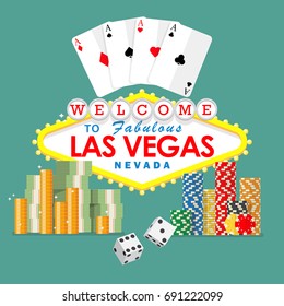 Welcome to Las Vegas sign with gambling elements. , playing cards, dice, chips and money