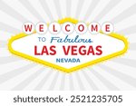 Welcome to Las Vegas sign icon. Nevada sight showplace symbol. Template for greeting card, banner, sticker print. Flat design. White gray abstract background. Light of sunburst. Isolated. Vector