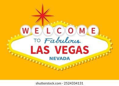 Willkommen zum Las Vegas-Symbol. Roter Stern. Klassisches Retro-Symbol. Nevada Schauplatz. Vorlage für Grußkarte, Banner, Aufkleber. Flaches Design. Gelber Hintergrund. Einzeln. Vektorgrafik