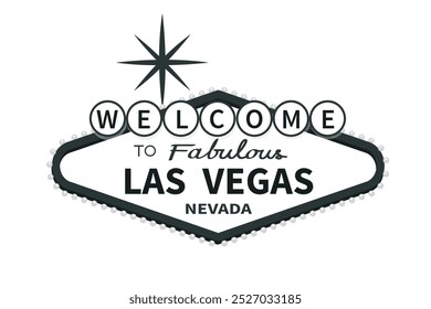 Willkommen zum Las Vegas-Symbol. Sternform. Schwarzes klassisches Retro-Symbol. Nevada Schauplatz. Grußkarte, Banner, Sticker-Druckvorlage. Flaches Design. Einzeln. Weißer Hintergrund. Vektorgrafik