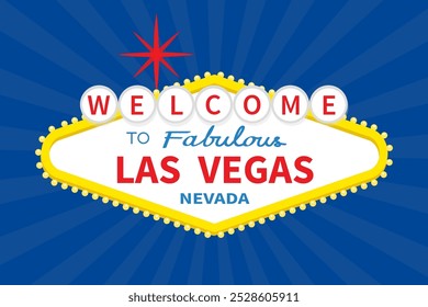 Willkommen zum Las Vegas-Symbol. Roter Stern. Nevada Sicht Showplace Symbol. Vorlage für Grußkarte, Banner, Aufkleber. Flaches Design. Einzeln. Blauer abstrakter Hintergrund. Licht von Sonnenaufgang. Vektorgrafik