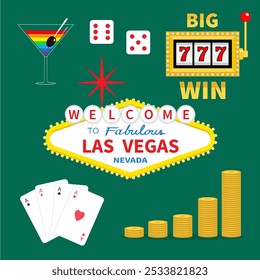 Welcome to Las Vegas sign symbol icon set. Aces playing card set. Poker cards suits. Martini glass, dice, 777 Big win Slot machine, Money coins. Casino gambling. Flat design. Green background. Vector