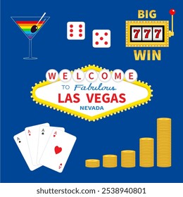 Bienvenido al conjunto de iconos de símbolos de signos de Las Vegas. Vidrio de Martini, dados, 777 Gran victoria Máquina de ranura, monedas de dinero. Juego de cartas de ases. Palos de cartas de póquer. Casino de apuestas. Diseño plano. Fondo azul. Vector