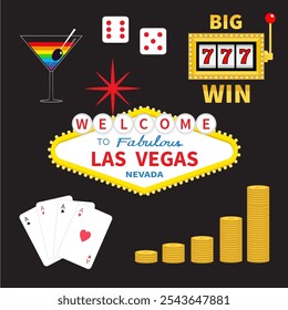 Bienvenido al conjunto de iconos de símbolos de signos de Las Vegas. Vidrio de Martini, dados, 777 Gran victoria Máquina de ranura, monedas de dinero. Casino de apuestas. Juego de cartas de ases. Palos de cartas de póquer. Diseño plano. Fondo negro. Vector