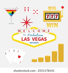 Willkommen bei Las Vegas Symbol-Set. Casino-Glücksspiel. Martini Glas, Würfel, 777 Big win Spielautomat, Geld-Münzen. Asse Spielkartenset. Poker-Karten-Anzüge. Flaches Design. Weißer Hintergrund. Vektorgrafik