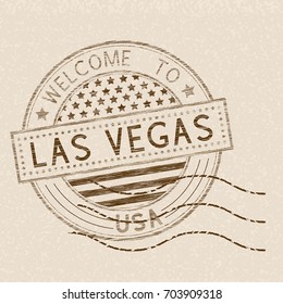 Welcome to Las Vegas, USA. Tourist brown stamp with US national flag on beige background. Vector illustration