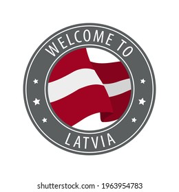 Welcome to Latvia. Gray stamp with a waving country flag. Collection of welcome icons.