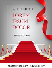Welcome to lettering with red carpet entrance. Party invitation design. Typed text, calligraphy. For leaflets, brochures, invitations, posters or banners.