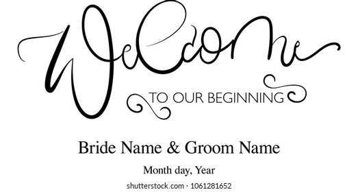 Welcome lettering sign, wedding welcome board sign, vector, editable names, edit yourself, brush lettering, brush calligraphy, modern calligraphy sign, isolated on white background