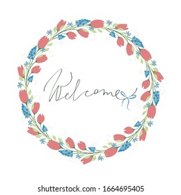 welcome lettering with spring flowers wreath vector isolated