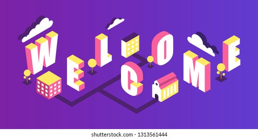 Welcome lettering typography. Web banner, infographics. Isometric vector illustration.