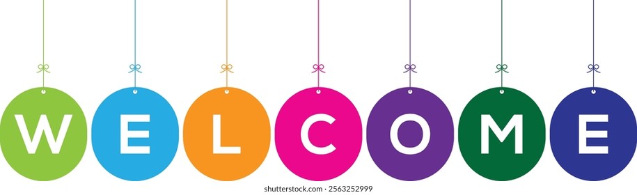 welcome letters banner with color balls on white background. Word WELCOME hanging on the ropes vector illustration hanging ball style. colure 
