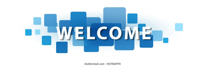 WELCOME letters banner on blue squares. Stock vector banner