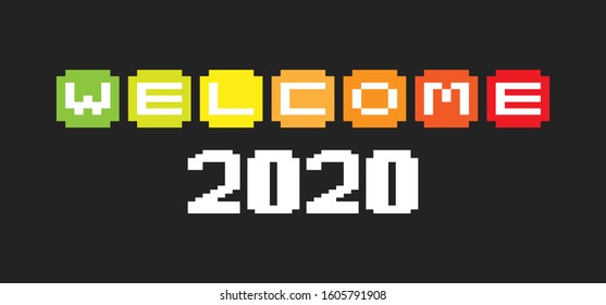 WELCOME letters banner. welcome sign and welcome background. pixel art vector background. game 8 bit style