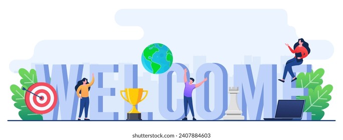 Welcome letters with people flat vector illustration template for web page, banner, presentation, social media, documents, cards, posters, Greeting new team member, People celebrate, Greeting gesture