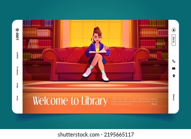 Welcome to library banner with girl read book sitting on couch. Luxury interior of public library with sofa and bookshelves with literature, vector landing page with cartoon illustration