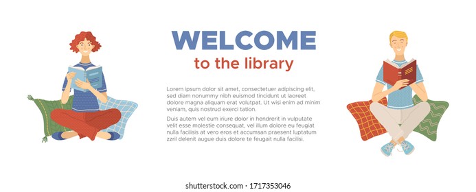 Welcome to the library banner. Smiling man and woman reading books while sitting on pillows vector illustration. Reading time in library isolated on white background. Literary club and happy lifestyle