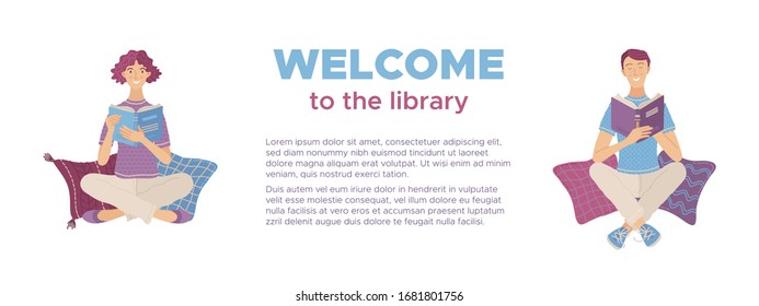 Welcome to the library banner. Smiling people reading books while sitting on pillows vector illustration. Reading time in library isolated on white background. Literary club and happy lifestyle.