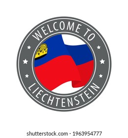 Welcome to Liechtenstein. Gray stamp with a waving country flag. Collection of welcome icons.