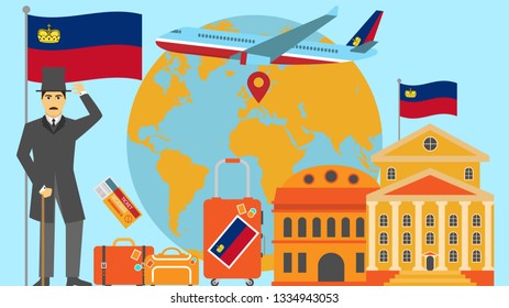 Welcome to Liechtenstein postcard. Travel and safari concept of Europe world map vector illustration with national flag