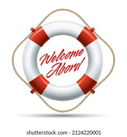 Welcome lifebuoy. Aboard ship salute red lifesaving ring, cruise greeting realistic 3d lifesaver, boat life buoy marine hello vector concept