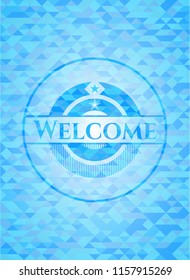 Welcome light blue emblem with mosaic background