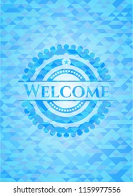 Welcome light blue emblem with triangle mosaic background