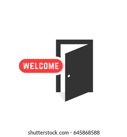 welcome like open door icon isolated on white. concept of information badge in hypermarket or office for people entrance. flat simple style trend modern logotype graphic art design element