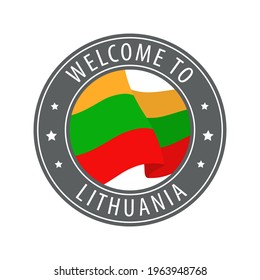 Welcome to Lithuania. Gray stamp with a waving country flag. Collection of welcome icons.