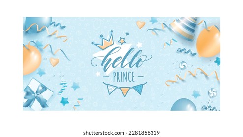 Welcome little king vector poster with calligraphic composition, crown, balloons and bunting flags. Baby Shower Blue Background. Baby Arrival Cartoon Vector Illustration