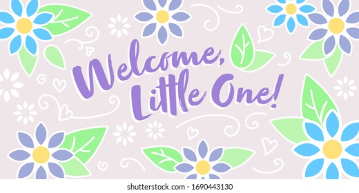 Bienvenido Pequeño cartel de guión morado con flores azules, hojas, zambullidos 