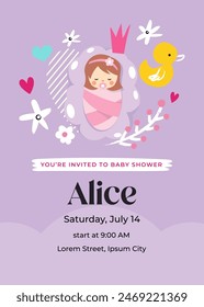 Welcome a little princess with a charming baby shower card! Featuring an adorable baby girl and lovely decorations, it's the perfect way to celebrate this special occasion.