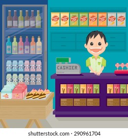 Welcome to little Supermarket!.Flat style vector illustration. Man cashier with a lot of food and drink in supermarket.