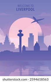 Welcome to Liverpool, England. Gradient UK city poster, card with shapes of skyline, waterfront and airplane. United Kingdom travel vector illustration, print, graphic