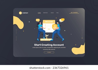 Welcome login registration account illustration on header homepage website dark mode template