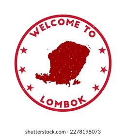 Welcome to Lombok stamp. Grunge island round stamp with texture in Super Rose Red color theme. Vintage style geometric Lombok seal. Astonishing vector illustration.