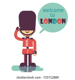 Welcome to London background. Funny cartoon british soldier