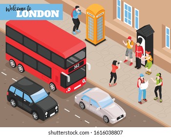 Welcome to london Isometric poster with retro transport and tourists photographed next to royal guard box isometric vector illustration