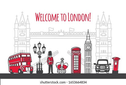 Welcome to London. Modern vector illustration of famous symbols of the British capital. Tower bridge, telephone box, double decker bus. Travel to the United Kingdom web banner and landing page design.