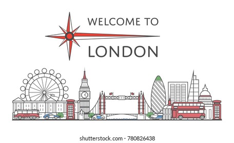 Welcome to London poster with famous architectural attractions in linear style. Worldwide traveling and time to travel concept. London national landmarks, global tourism and journey vector background.