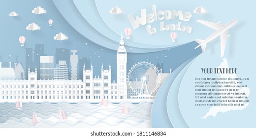Welcome to London, world famous places in UK, Business and Tourism Concept Paper art Vector illustration.
