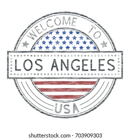 Welcome to Los Angeles, USA. Colored tourist stamp with US national flag. Vector illustration isolated on white background